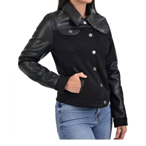 NEW WRANGLER faux leather trucker jacket in black - Picture 3 of 4